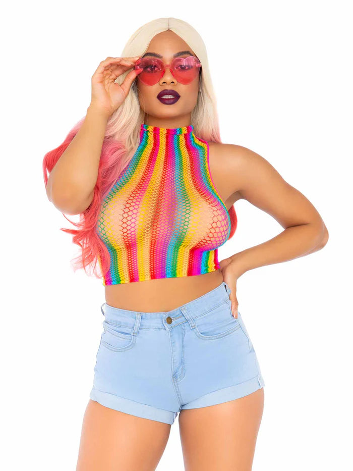 High Voltage Rainbow Fishnet Crop Top