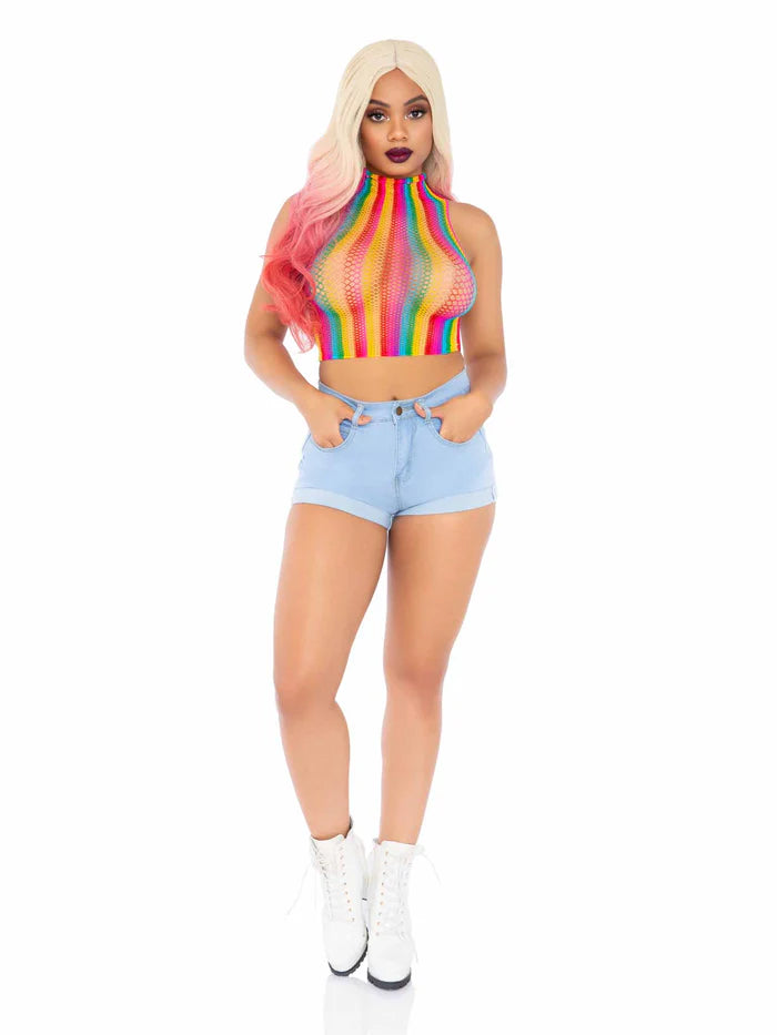 High Voltage Rainbow Fishnet Crop Top