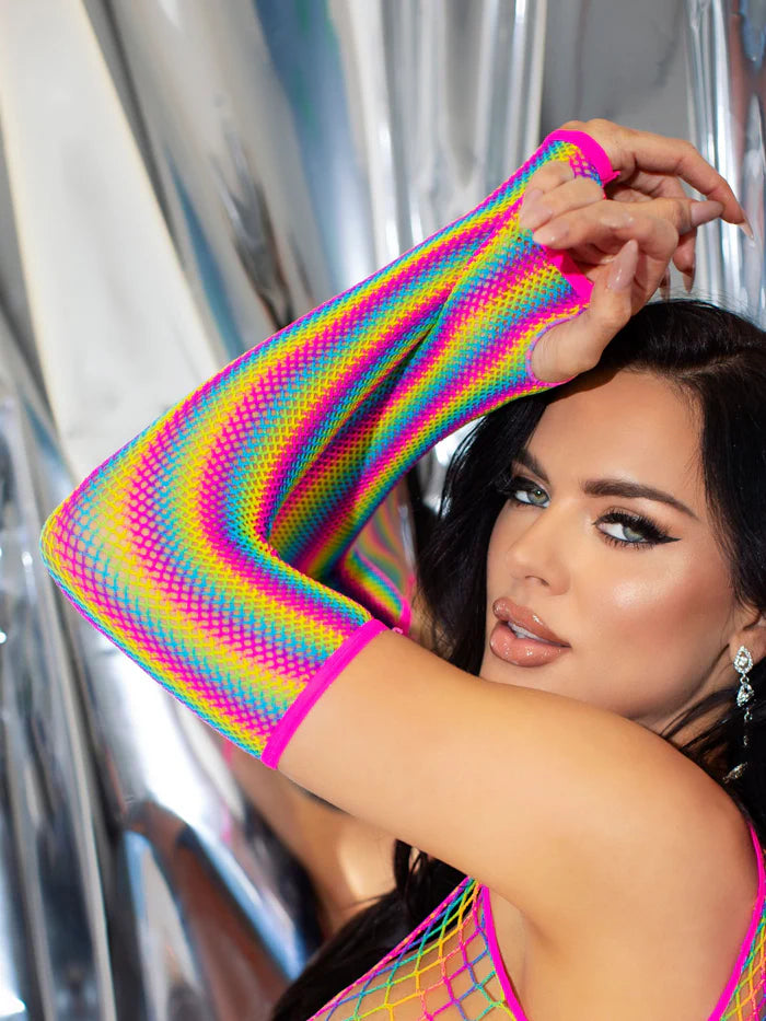 Rainbow Net Fingerless Arm Warmer Gloves